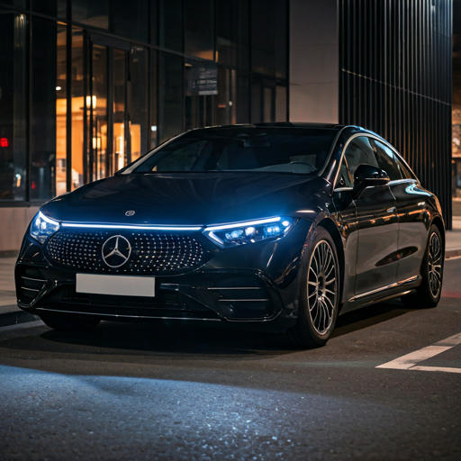 Sleek, black Mercedes EQS 450i parked on a city street at dusk, with its modern headlights illuminated.